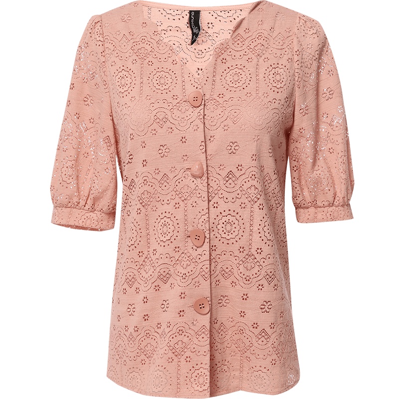 欧昵雪夏季减龄波浪型V领镂空蕾丝衫女显瘦短袖小衫上衣