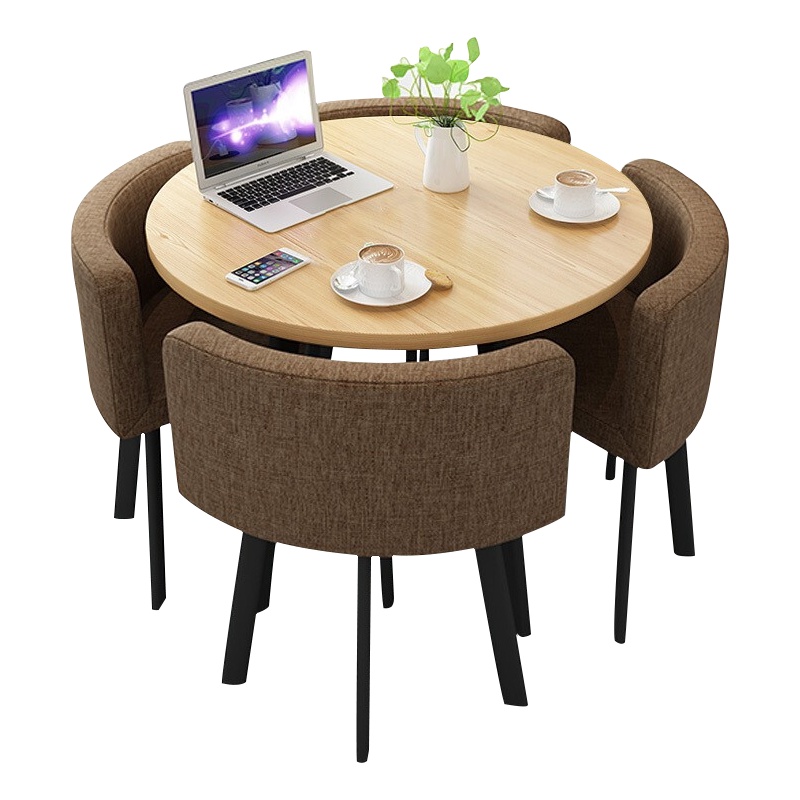 尔迈 洽谈桌椅组合小圆桌休闲桌椅店铺接待桌椅 一桌四椅+咖啡色(布椅)原木圆桌