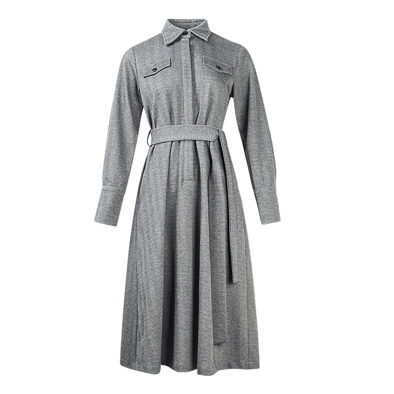 晚白2020冬季新品时尚翻领长袖修身系带中长款A字裙打底连衣裙女