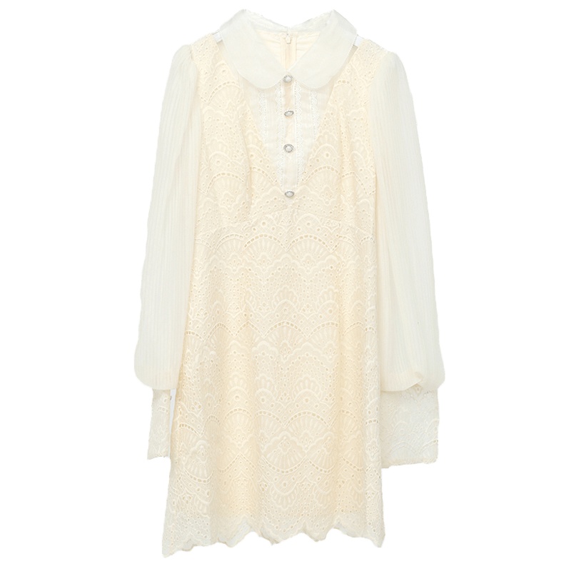 ENJOY'ME连衣裙20女装春季新品透纱方领蕾丝网纱拼接