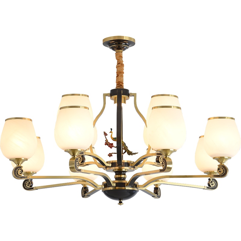 觅物 新中式全铜吊灯客厅灯餐厅书房卧室吊灯具美式乡村田园艺术设计大气陶瓷灯具别墅奢华复古灯饰