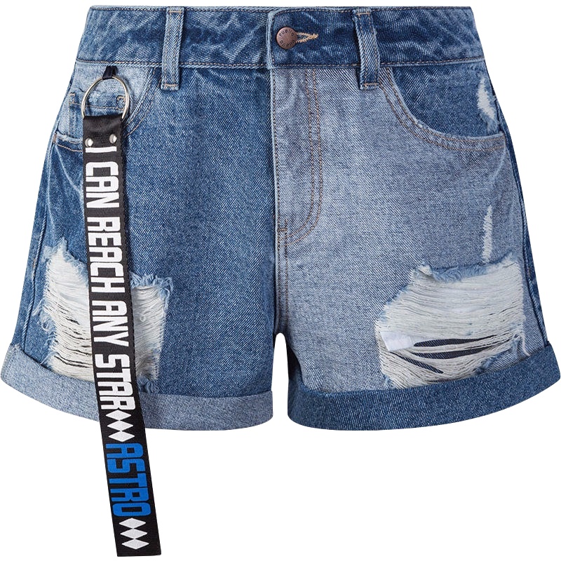 拉夏贝尔Puella夏季女装新韩版学生宽松chic拼接做旧破洞直筒短裤20011855