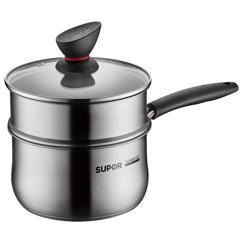 苏泊尔(SUPOR)奶锅小红圈304不锈钢汤锅多用蒸锅婴儿辅食锅电磁炉燃气通用 16CM 带蒸屉 ST16Z3