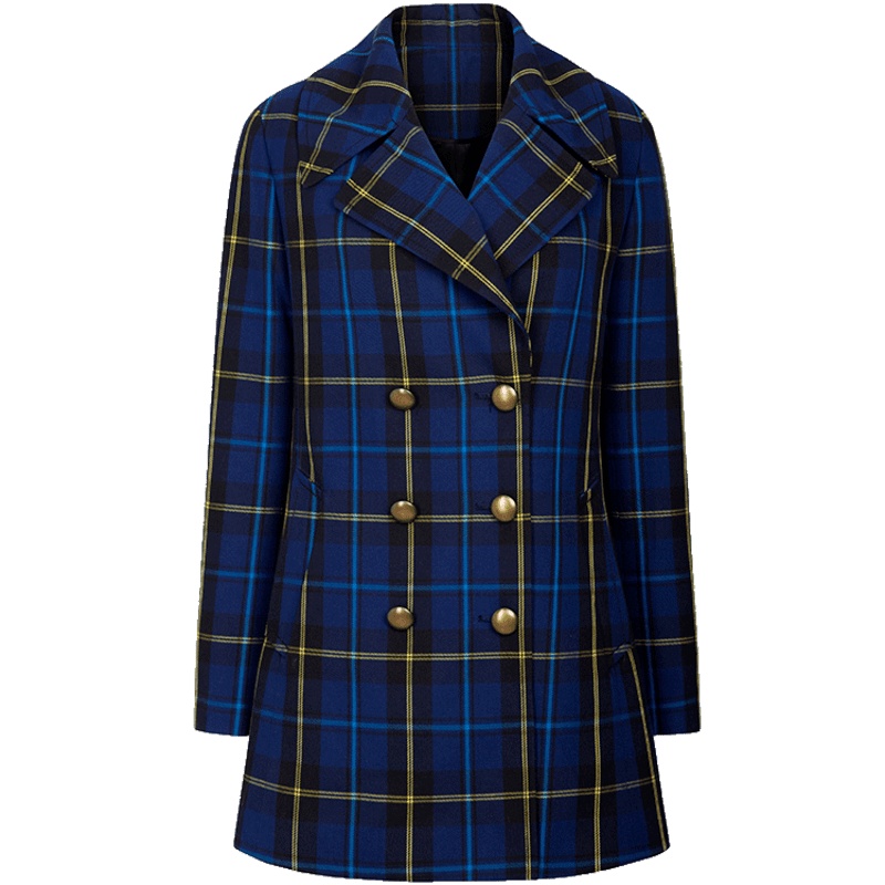 ERDOS 女撞色格纹西装外套复古百搭双排扣中长款大衣