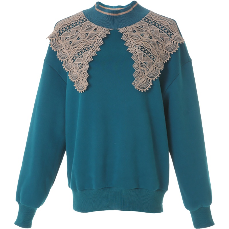 欧昵雪冬装半高领拼接蕾丝宽松抓绒卫衣女显瘦保暖上衣