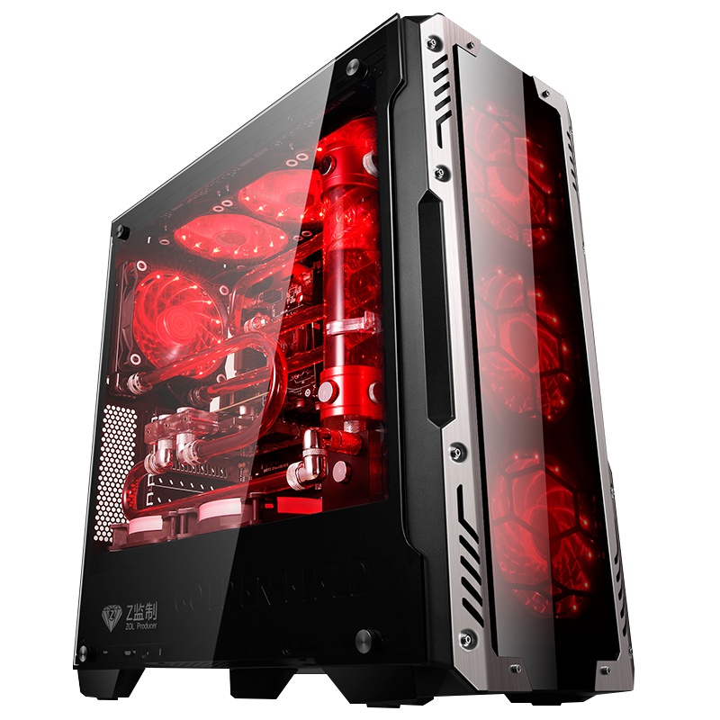 金河田峥嵘Z2黑色台式电脑水冷主机箱玻璃面板ATX游戏大侧透+3个红光风扇 电脑机箱