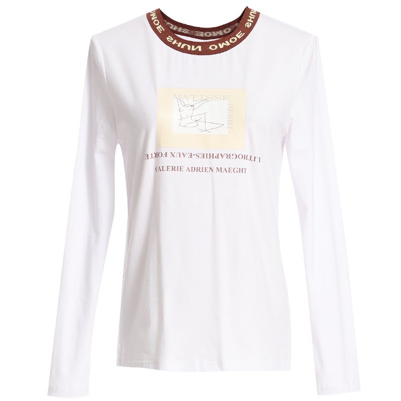 欧昵雪秋季撞色圆领字母印花修身长袖T恤女套头打底上衣