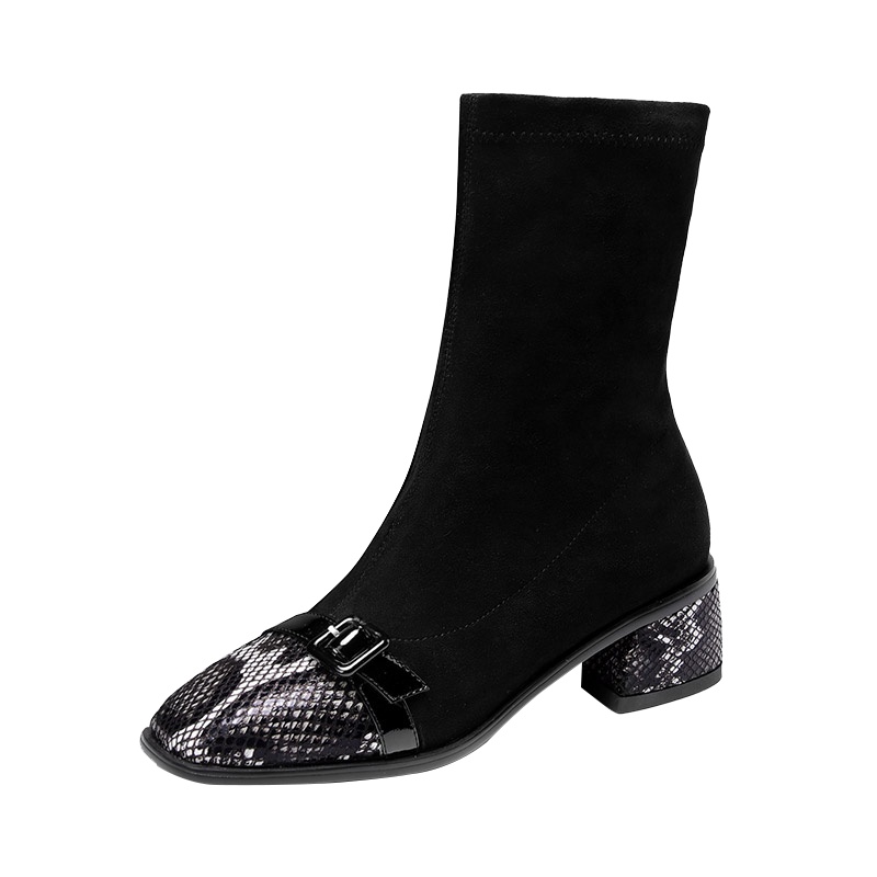 Kmioo J19S044黑色弹力靴女中跟粗跟2019新款百搭网红瘦瘦靴短靴英伦马丁靴女靴