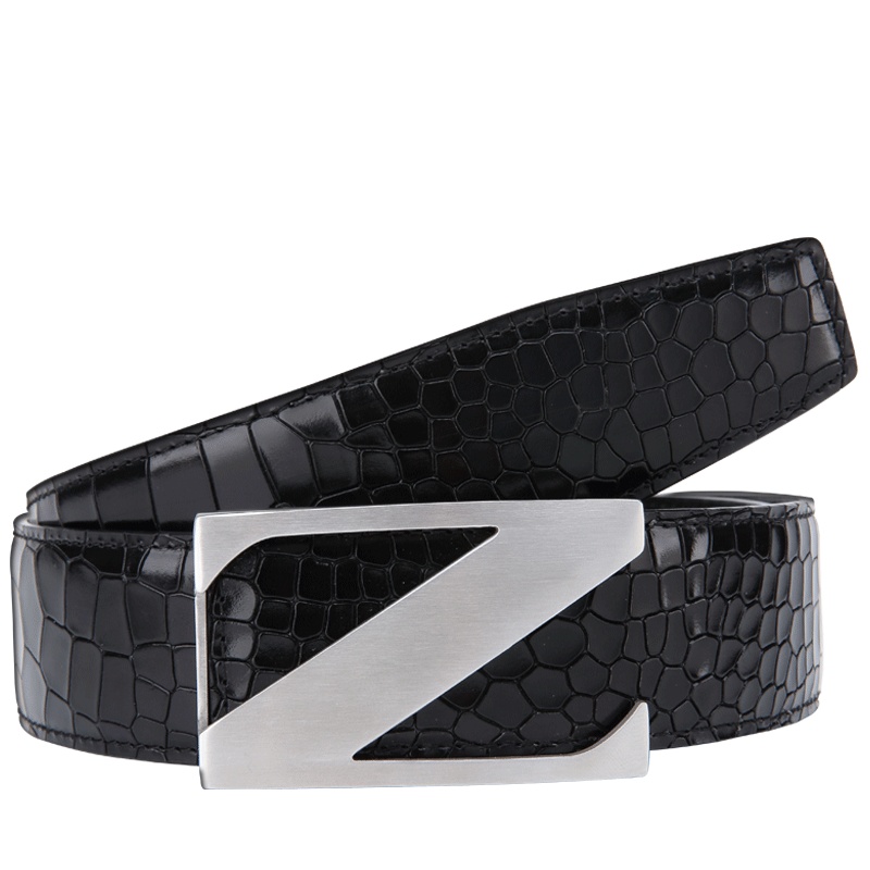 ZAQEEN头层牛皮男士皮带 不锈钢Z字母平滑扣 啡色青年时尚百搭小码105cm 黑色中年休闲商务130cm大码腰带