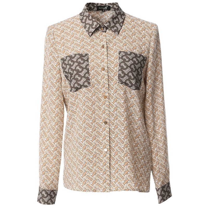 欧昵雪秋季撞色翻领口袋长袖印花修身衬衫女上衣显瘦衬衣