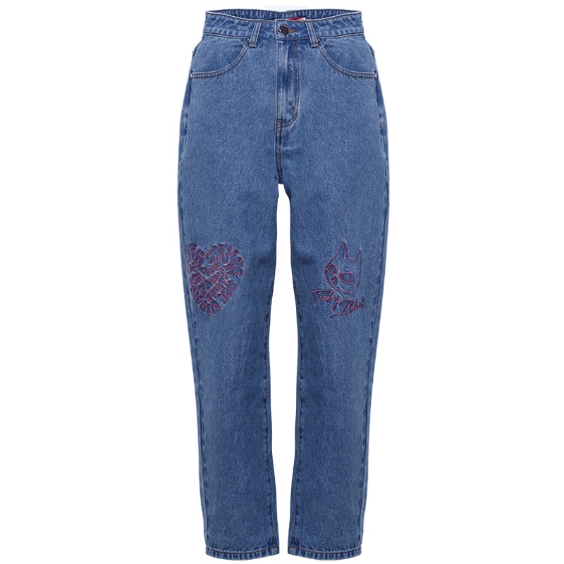 a02新款2020时尚小黑卡通刺绣直筒宽松牛仔裤女DTV5A0011PN