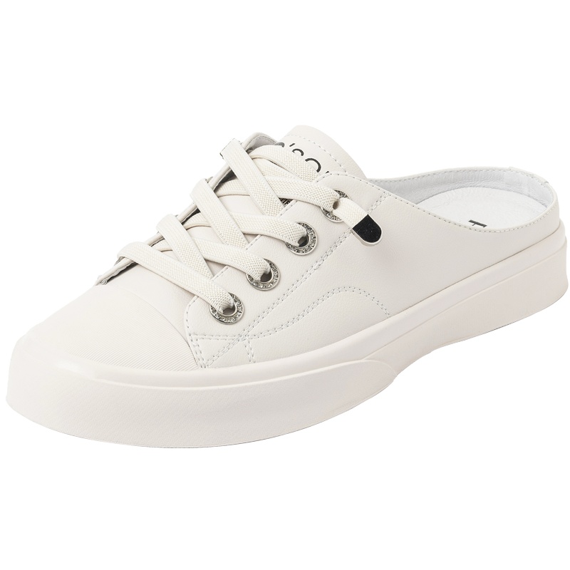 百田森春夏休闲帆布拖鞋女真皮穆勒半拖鞋内增高懒人一脚蹬鞋