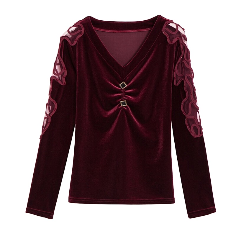 小样传奇  2025金丝绒打底衫女长袖秋季V领镂空绣花T恤衫洋气外穿蕾丝紧身上衣