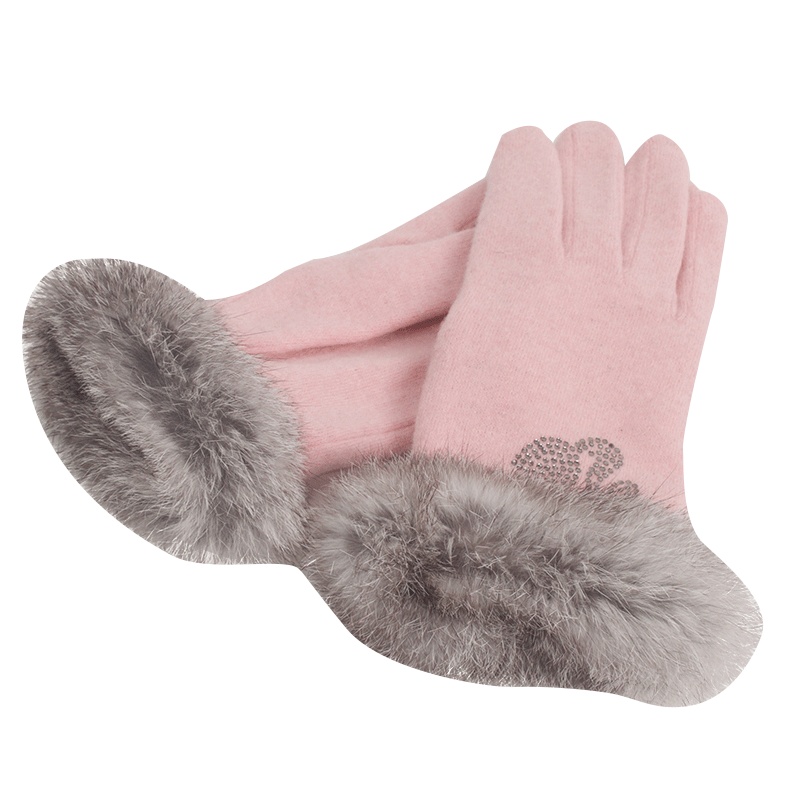 乐为触屏手套女士秋冬季天加绒加厚兔毛口羊毛分指保暖手套可爱烫钻 B17FD150