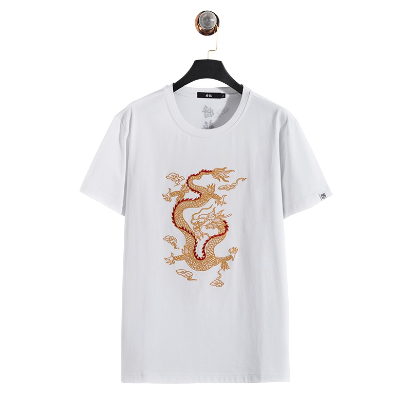 蓝旗X将起系列质感男式t恤男短袖常规圆领白色T男装时尚个性刺绣T