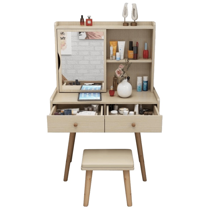 北欧梳妆台卧室小型60cm梳妆台简易化妆桌现代简约50cm化妆台迷你 D80实木款 镜子旋转 组装安心抵