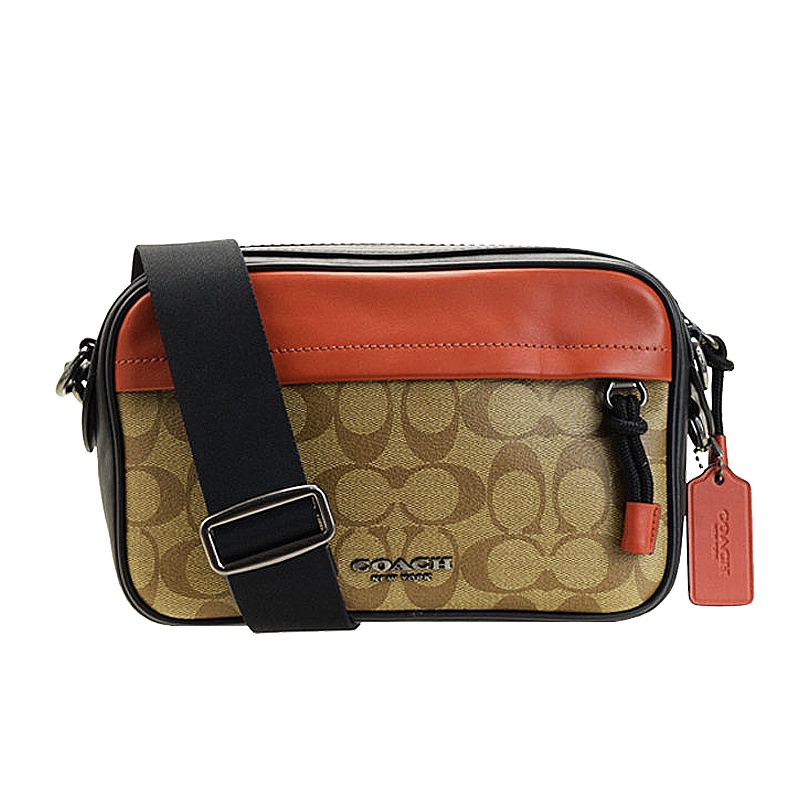 蔻驰(COACH)男士GRAHAM 系列PVC配皮单肩斜挎包 卡其配橙色