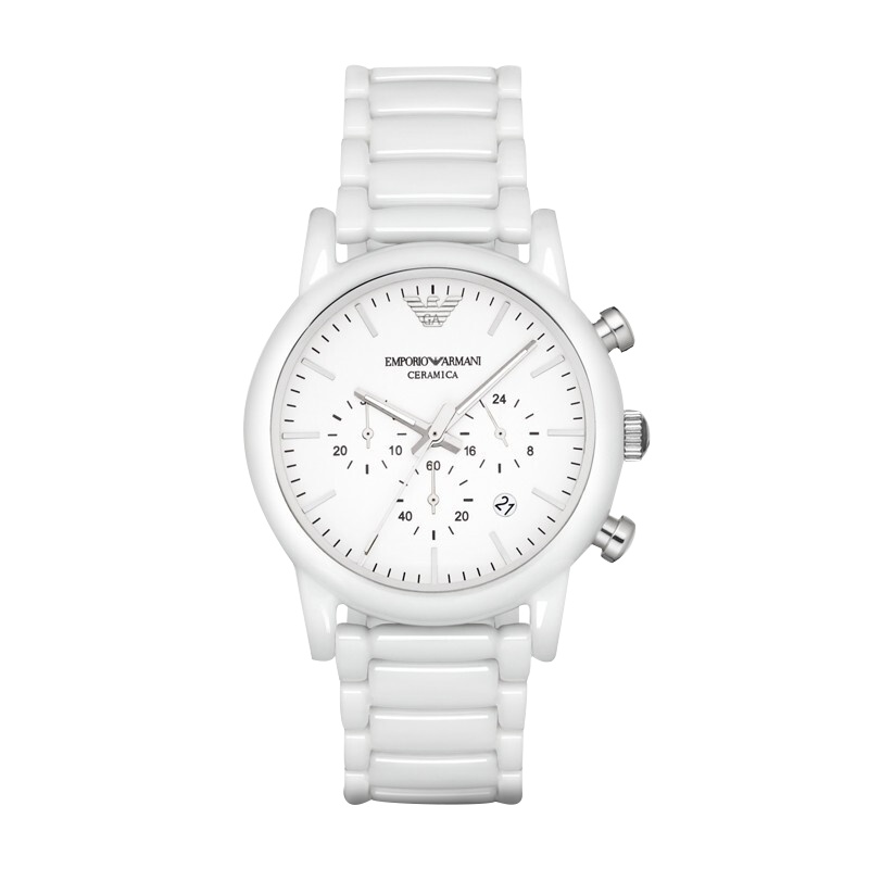阿玛尼(EMPORIO.ARMANI)手表 皮带时尚商务简约石英表男士多功能三眼计时日历 骑士白 陶瓷表带 AR1499