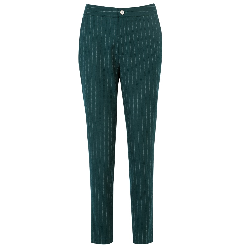 晚白2020冬季新品通勤时尚修身显瘦竖条纹百搭高腰休闲裤西裤女