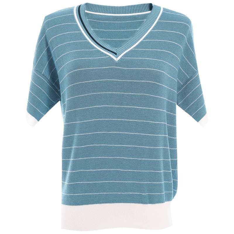 欧昵雪撞色V领条纹落肩短袖T恤女宽松显瘦针织衫上衣