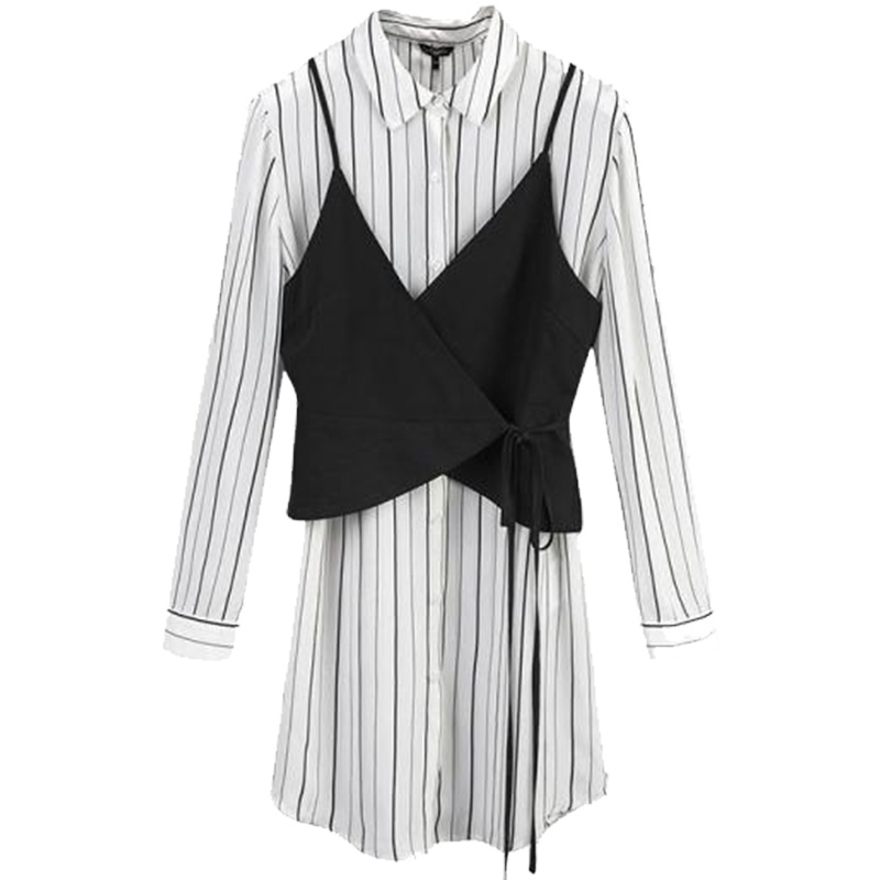 【热卖】复古港味衬衫外穿两件套女2019夏秋新款吊带竖条纹中长款衬衣潮