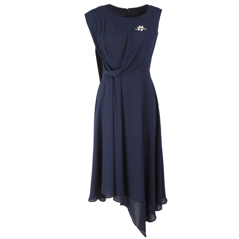 晚白新品时尚简约气质纯色圆领收腰不规则裙无袖连衣裙女