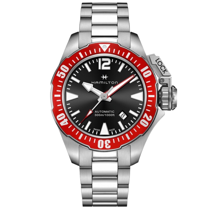 汉米尔顿(Hamilton)瑞士手表 卡其海军蛙人自动机械男表潜水表 42mm 黑盘钢带300米防水 H77725135