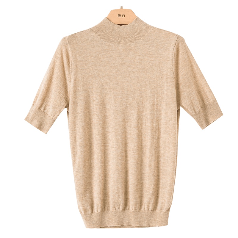 晩白 2020秋新品通勤简约立领休闲纯色短袖打底衫毛衫套头针织衫女