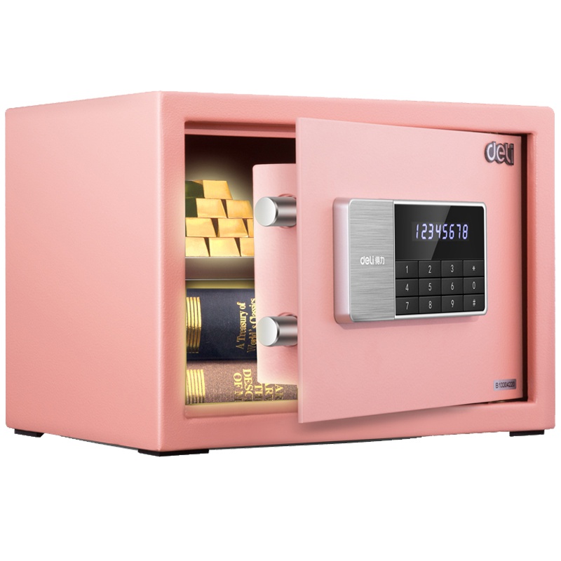 得力(deli)92619电子保管箱(浅红色) 高25cm办公家用防盗小型隐形保管柜 入墙床头柜保险及保管箱柜