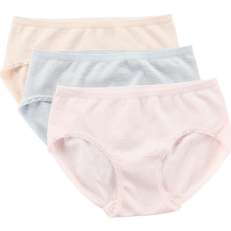 红豆居家Hodohome女式中腰细条纹内裤少女蕾丝花边纯棉档短裤（三条装）