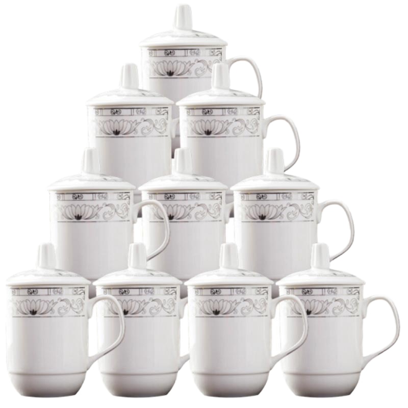 茶杯 陶瓷杯办公杯会议杯带盖开会杯子商务会议水杯套装玉莲白色350ml