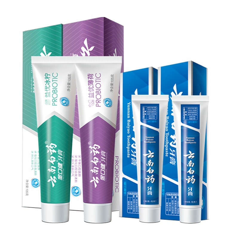 云南白药牙膏 全]家福套装 [有套盒、无套盒随机发货]留兰薄荷冬青益生菌6支共615克