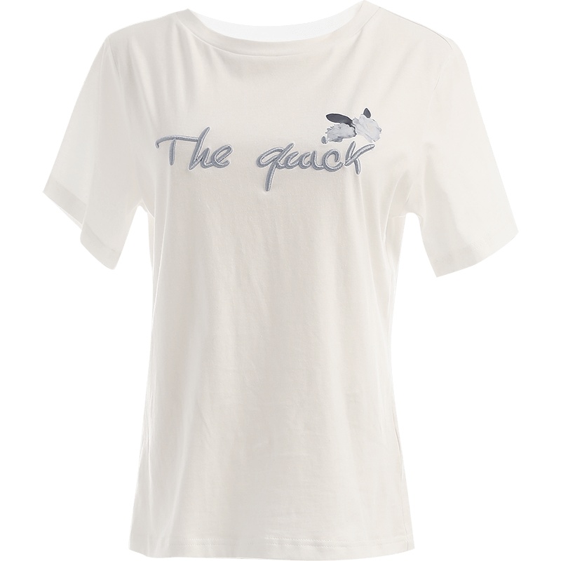 欧昵雪夏季花卉印花字母绣花圆领宽松白色纯棉T恤女短袖