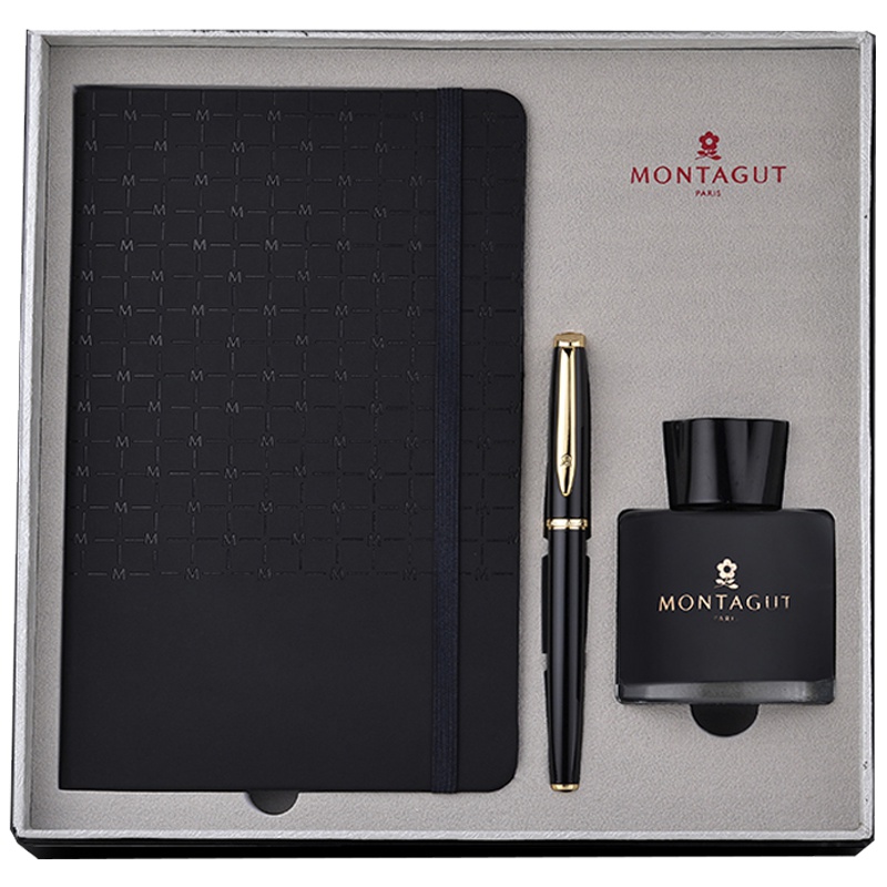 梦特娇(Montagut)黑丽雅金夹钢笔+墨水+1001M黑色商务记事本套装 签字笔 公司会议礼品记事本企业单位办公商务