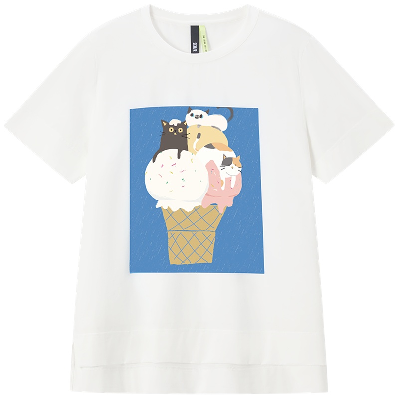 【满198减100预估价：41】森马短袖t恤女猫咪印花宽松白色打底衫2021年新款夏季上衣ins潮t