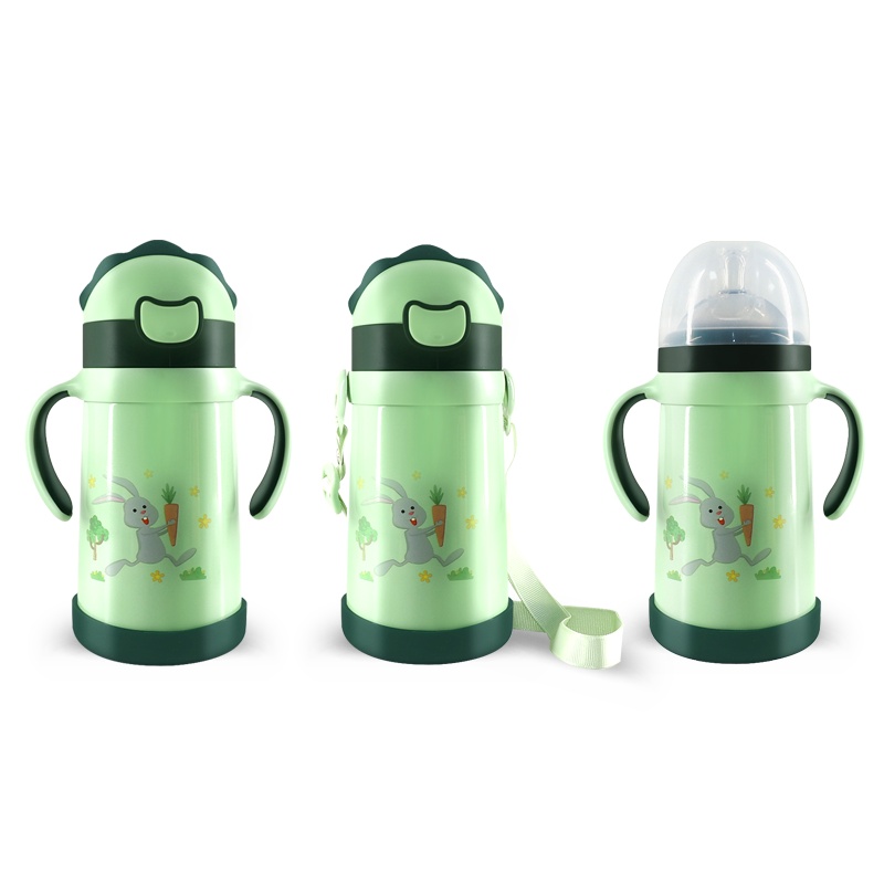 【一杯三用】贝斯比不锈钢儿童保温奶瓶320ML 吸管水杯卡通吸管保温杯304内胆可爱婴童宝宝三用防摔学饮杯带保背带