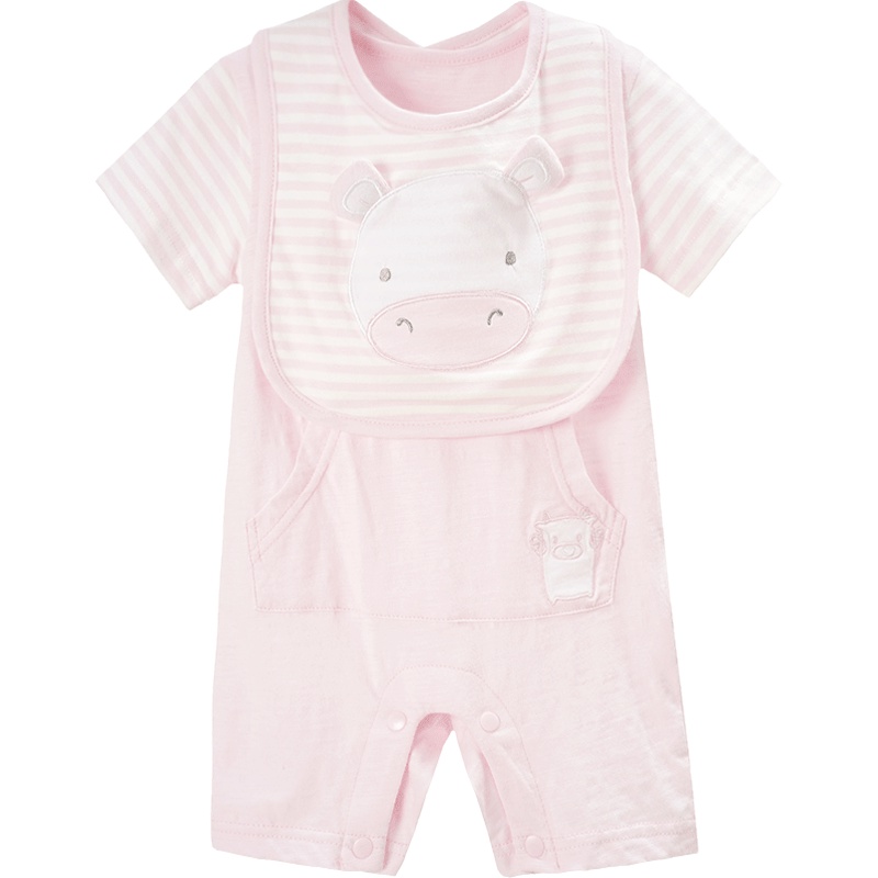 中性短袖圆领前开扣连体服口水兜两件套