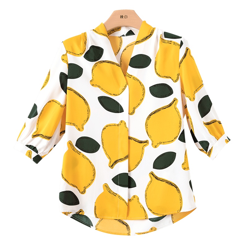 晚白2020年夏款时尚通勤印花简约V领休闲中袖雪纺衫衬衫衬衣女