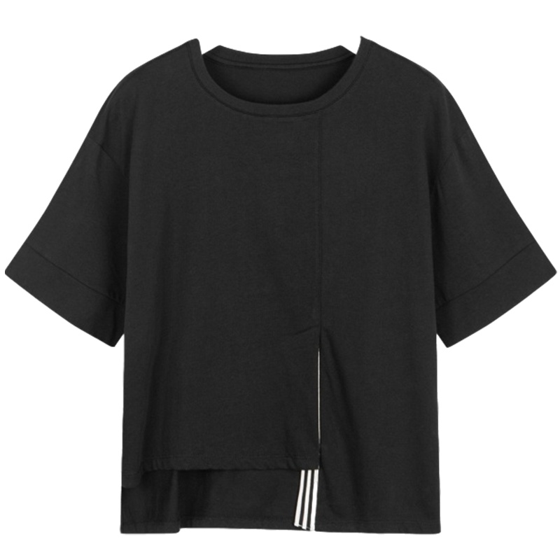 拉夏贝尔夏前短后长短袖T恤夏新款韩版学生不对称圆领上衣潮 黑色 S