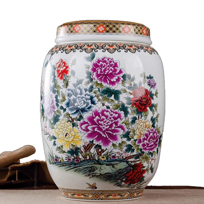 景德镇陶瓷带盖平盖米缸50斤储米桶茶饼缸酿酒缸油缸泡菜坛储物罐 国色天香