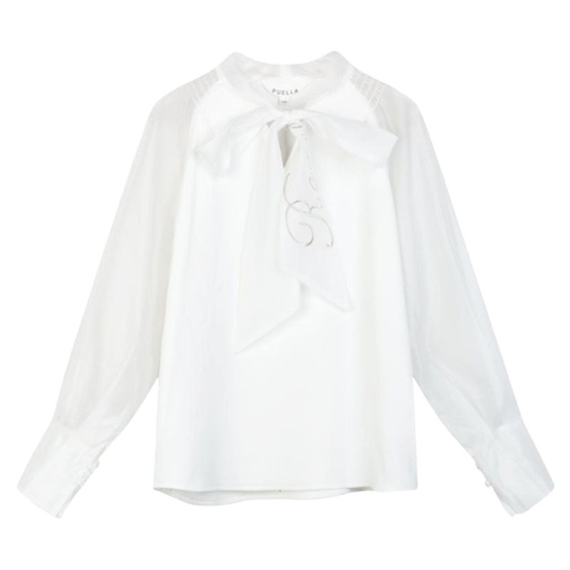 拉夏贝尔蝴蝶结领衬衫女2018春夏新款百搭韩国韩版宽松白色软妹长袖衬衣潮20011634