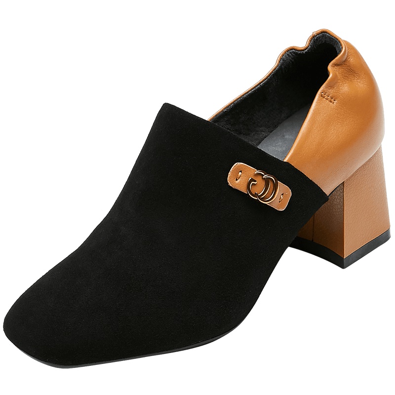 康奈女鞋 秋季拼色方头套脚粗跟深口单鞋女气质优雅通勤百搭高跟鞋1277923