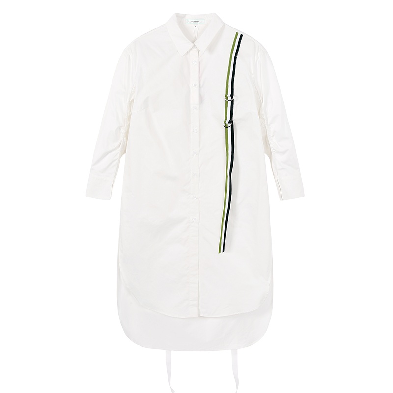 马克华菲女装2020春中长款长袖西装领纯棉白色衬衫