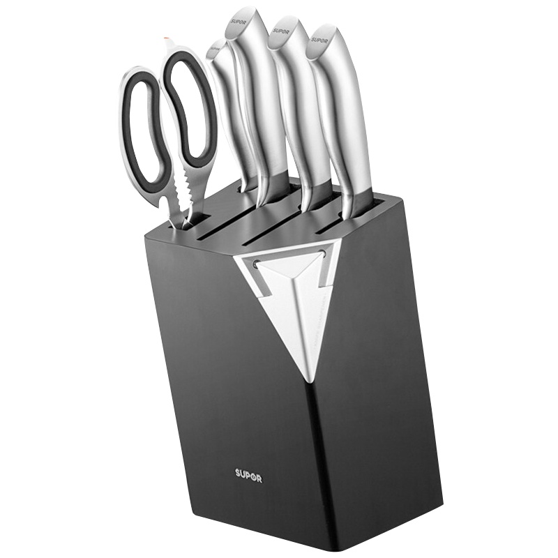 苏泊尔(SUPOR)菜刀不锈钢套刀厨房七件套组合切片刀果蔬刀剁骨刀剪刀水果刀磨刀器松木底座 TK1642E