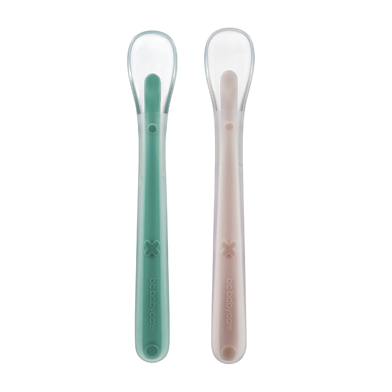 babycare新生婴儿勺子2只套装 初生儿宝宝硅胶软勺 儿童学吃饭喂水辅食勺 浅嗬绿+珀尔里粉 2105