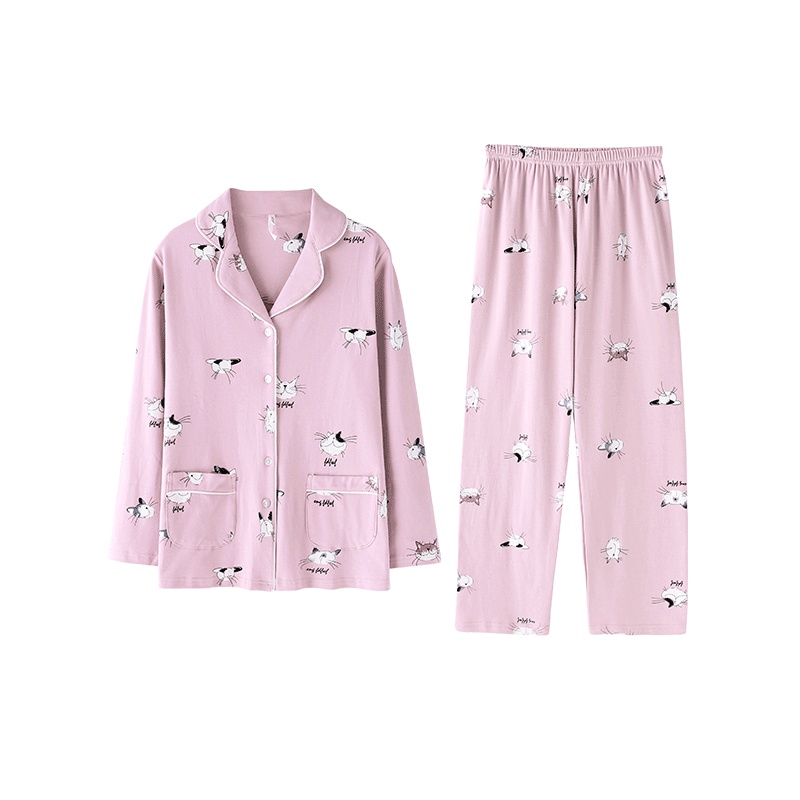 安之伴春秋睡衣棉质猫头国民领长袖女士家居服套装D73B220