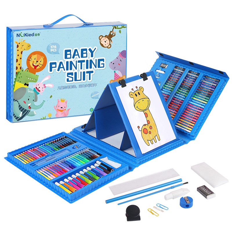 纽奇(Nukied)儿童画笔套装益智玩具带画板水彩笔蜡笔铅笔画笔调色盘彩铅油画棒手提美术绘画套装176PCS[天空蓝]