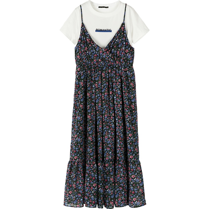 【满198减100预估价：54】Semir森马两件套连衣裙女2019夏季新款圆领印花短袖T恤碎花雪纺吊带裙