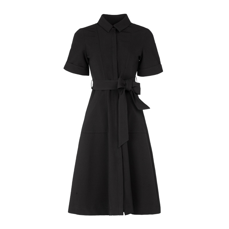 晚白新品职业翻领系带收腰单排扣中长款A字短袖连衣裙女