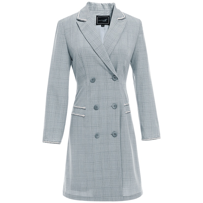 欧昵雪西装领九分袖格子连衣裙女收腰显瘦双排扣a字裙